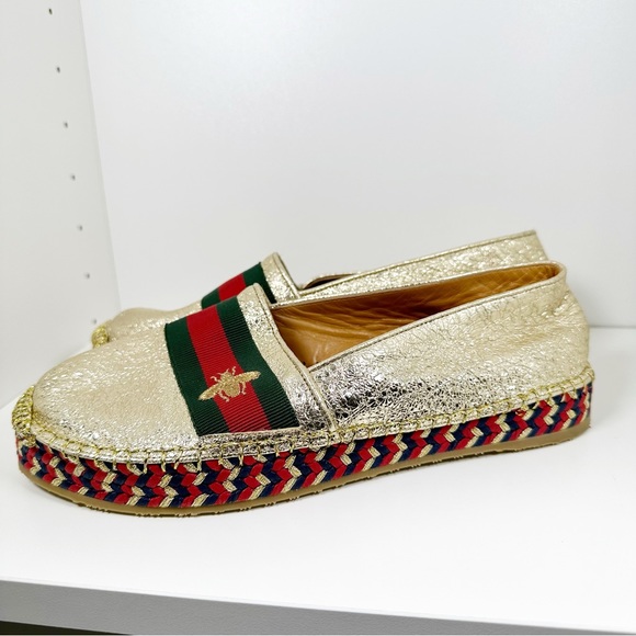Gucci Metallic Gold Crinkled Leather Web Pilar Bee Espadrilles Flats 7 - Picture 8 of 10